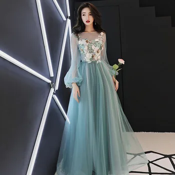 

New Arrival Organza Long Evening dress 2019 Lace Appliques Flower Prom Party dresses Full Sleeve Evening gowns robe de soiree