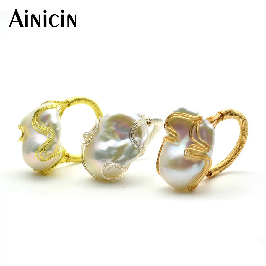 

Customized Size Fadeless Baroque Style Ring Natural Freshwater Pearl Rose Gold Silver Plating Hand Wire Wrapped Women Jewelry