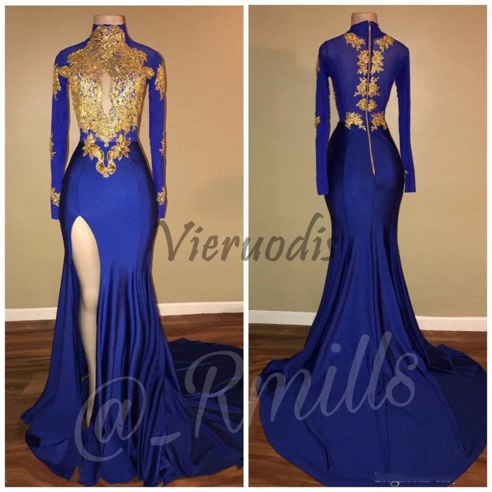 Arabisch Gouden Applicaties Hoge Kraag Prom Dresses Mermaid Vintage Lange Mouwen 2018 Sexy Hoge Dij Split Zwarte Meisjes avondjurk Arabisch Gouden Applicaties Hoge Kraag Prom Dresses Mermaid Vintage Lange Mouwen 2018 Sexy Hoge Dij Split Zwarte Meisjes avondjurk