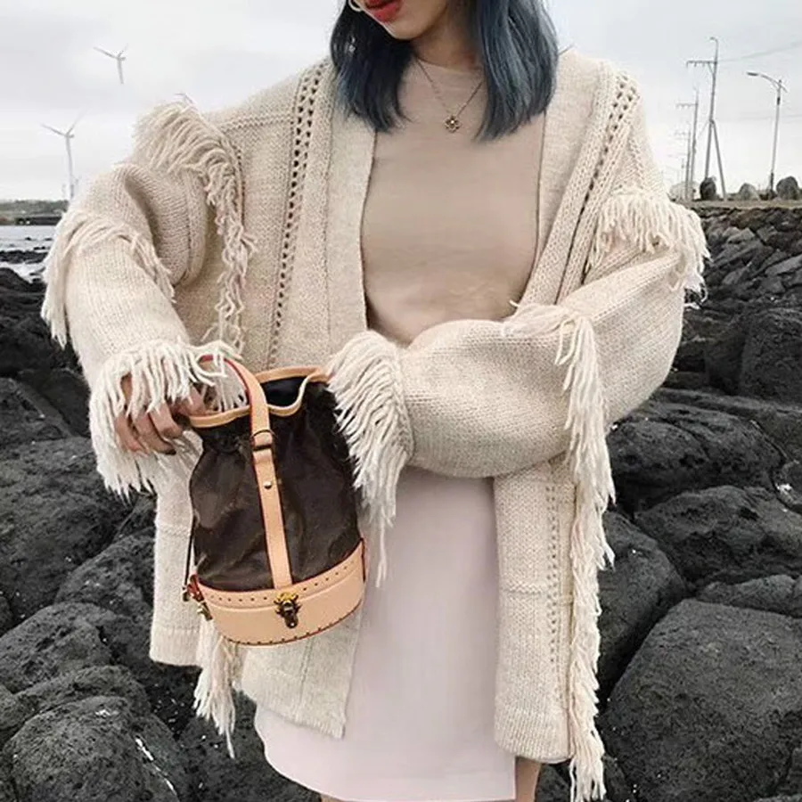 

fringe cardigan sweater for women open stitch long sleeve warm coat boho Casual knitted lady's sweaters winter outwearFeccer