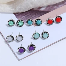 L&H 6Pairs/Set Vintage Round Stud Earrings Set Classic Rhinestone Earrings For Women Bohemian Style Mix Color Ear Accessories insect design stud earrings set 6pairs