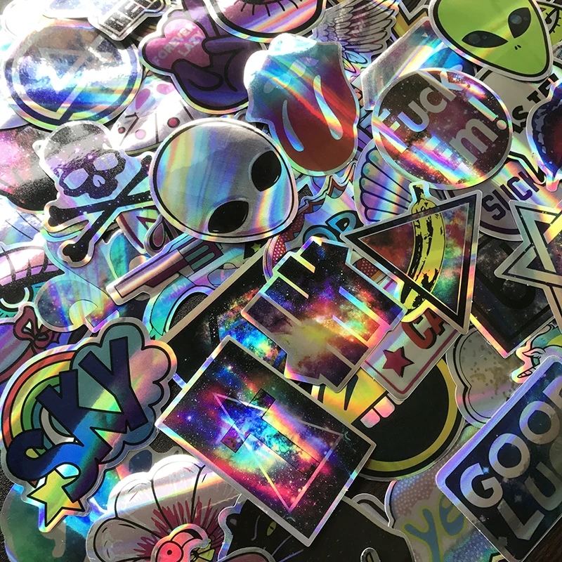 AQK 60Pcs/Lot Cool Motorcycle Laser Stickers Bomb Tide Brand ET Alien Decals For Skateboard Luggage Laptop Notebook Guitar Car