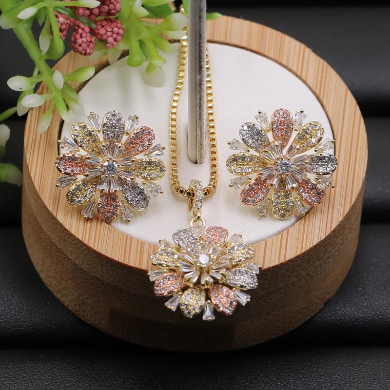 

Lanyika Jewelry Set Good Luck Snow Ice Flower Micro Paved Necklace with Earrings Anniversary Engagement Daily Luxury Gifts
