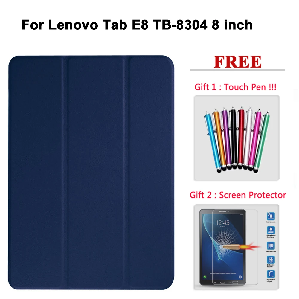 Free Screen Protector Glass+Case For Lenovo Tab E7 / E8 / E10 / M10 PU Leather Smart Magnetic Cover TB/X104F/7104F/8304F/X605F - Цвет: Tab E8 shenlan