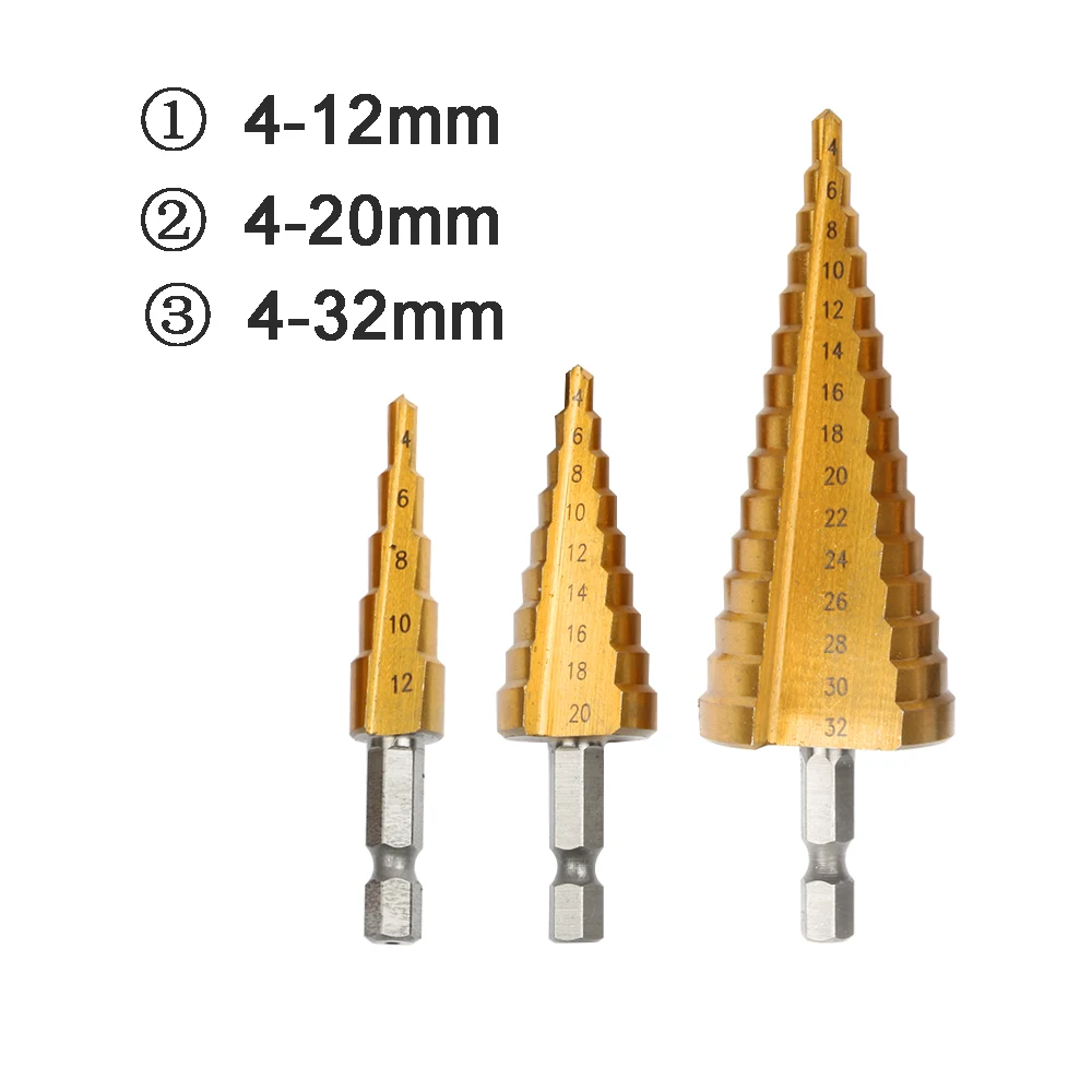 HSS Стальные титановые ступенчатые сверла 4-12 мм 4-20 мм 4-32 мм ступенчатые конусные режущие инструменты сталь Деревообработка Дерево Металл 4-12/20/32 с сумкой - Цвет: ZT-GZ-2-3PCS