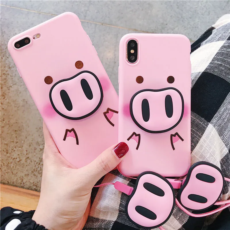 

For iPhone 11 Pro Xs Max XS 7 8 Plus XR Cute Cartoon Pig Case For iPhone 6 6s 5 5S SE TPU Pig Nose Soft Phone Strap Rope Case