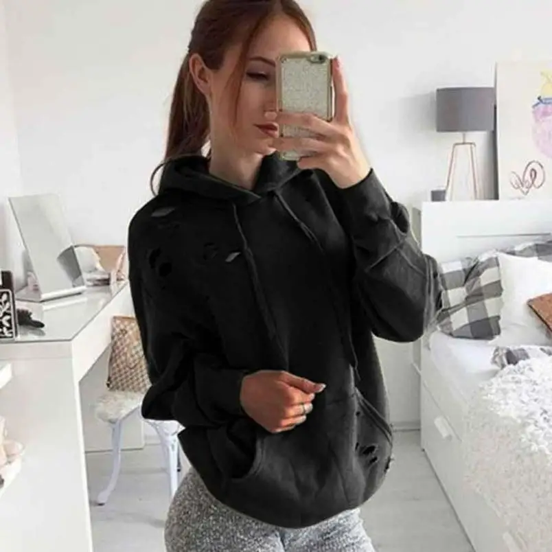 

JAYCOSIN DropShipping 2018 New Fashion Warm Cotton Loose Black Solid Long Sleeve Holes O-Neck moletom Hoodies sweatshirt 80706