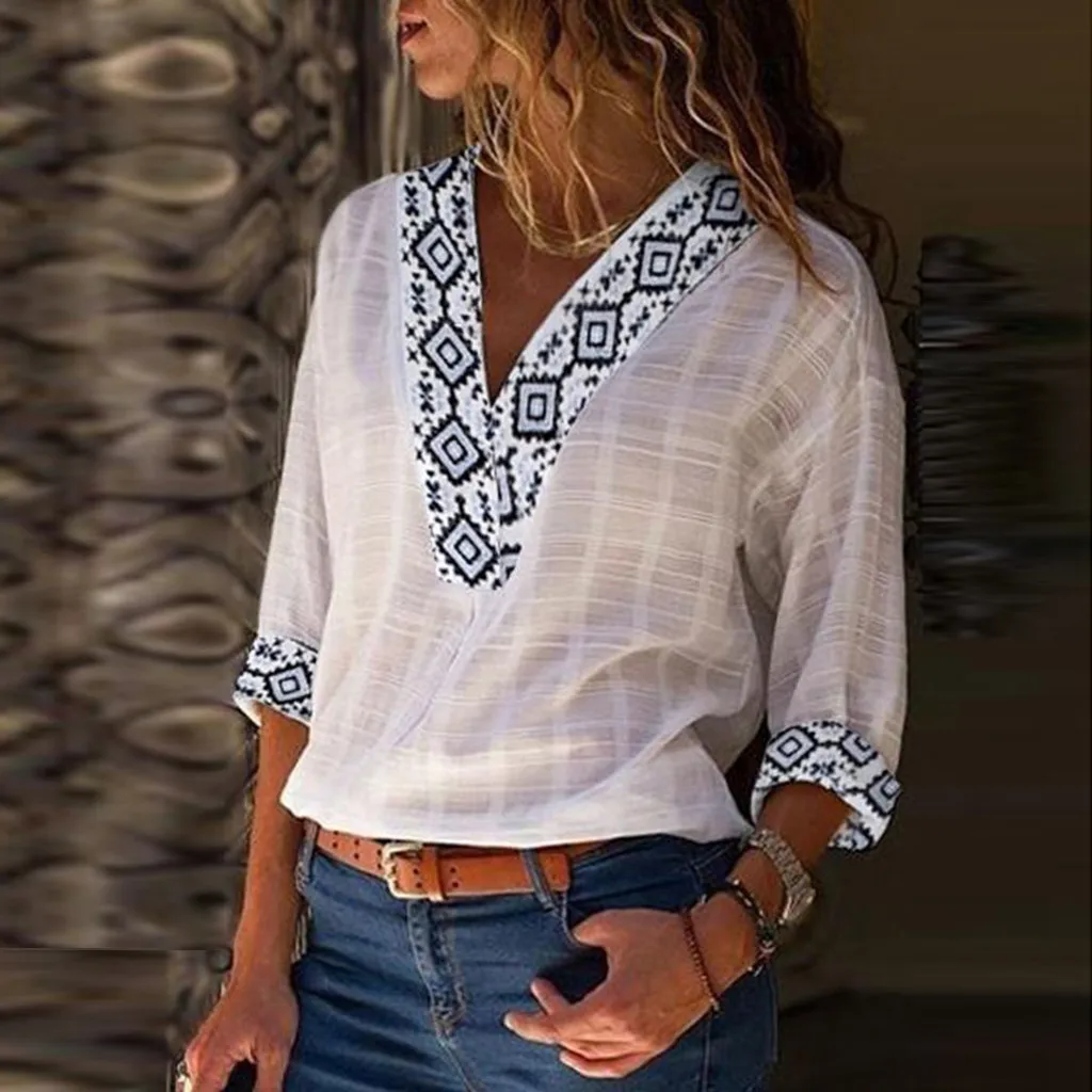 

Boho Summer T Shirt Women V Neck Print three quarter sleeve Linen T-shirt Casual Woman Tee Tops Casual Female White T-shirts