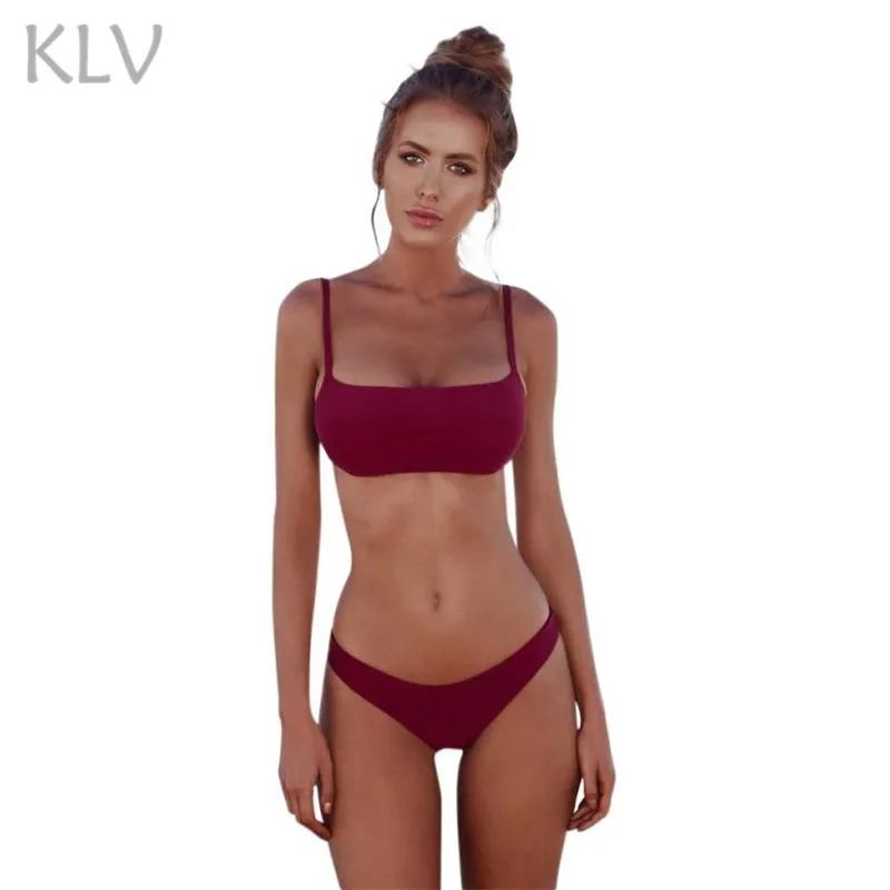 

KLV Swimsuit with rhinestones swimwear women bikinis female Solid Three-point hanging neck Low Waist bathers women 2018 #@%