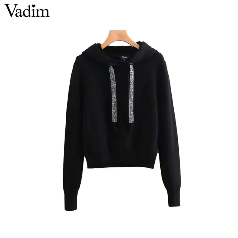 

Vadim women faux diamonds beading hooded knitted sweater long sleeve stretchy solid pullovers female casual chic tops HA240