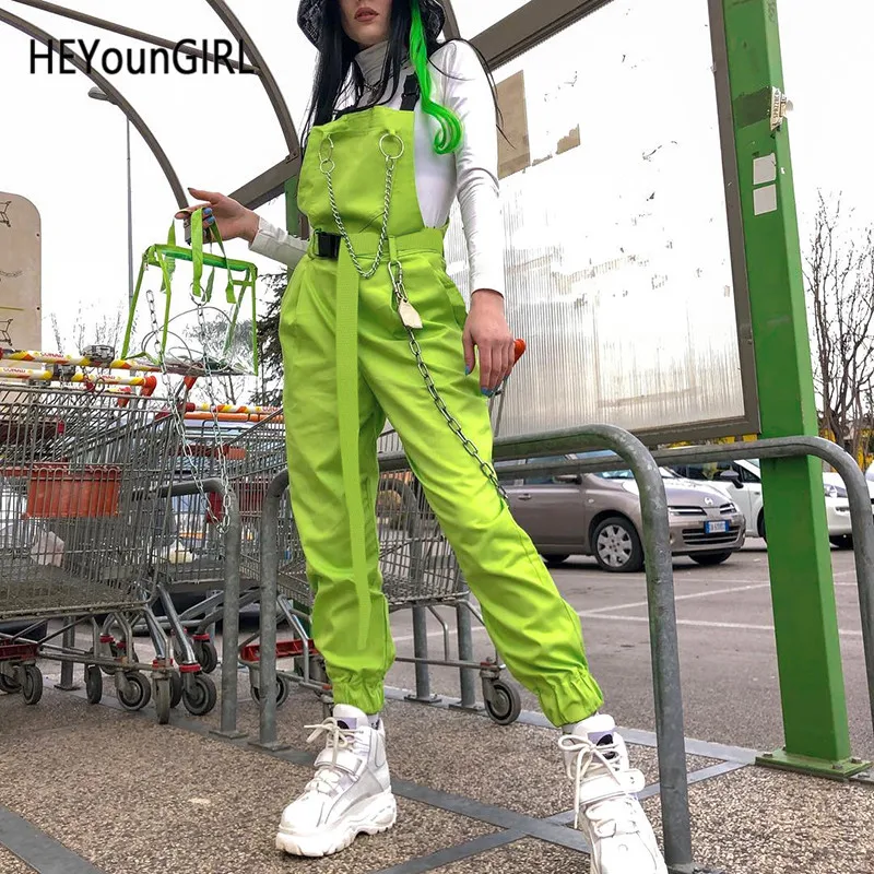 HEYounGIRL Harajuku корейский женский комбинезон брюки неоновые зеленые хлопковые брюки Капри с высокой талией брюки с цепочкой уличная одежда с карманом