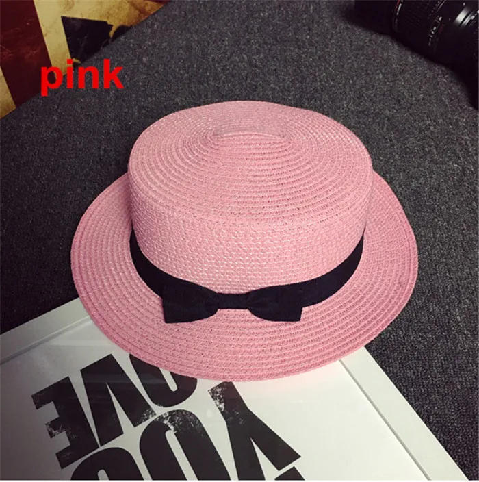 Летние пляжные пшеничной соломы Fedora Шляпа Панама Брим канотье Hat Кепки с лентой с бантом на поясе для Для женщин - Цвет: pink