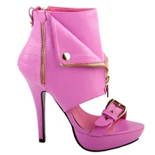 LF30103 Do Parafuso Prisioneiro Do Punk Fivela Salto Alto Plataforma Stilettos Bomba com Zip Bundinha Sandália Rosa