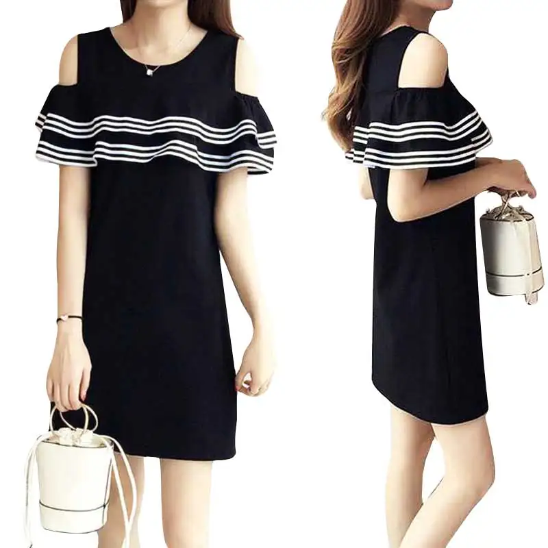 

New Women Casual Basic Summer Stripe Dress Off Shoulder Plus Size