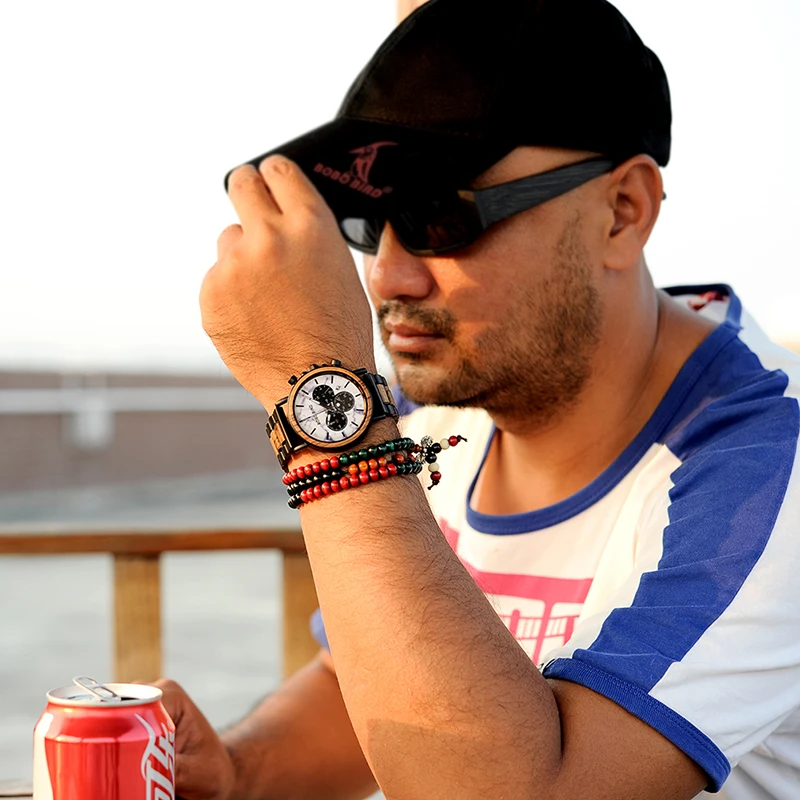 BOBO BIRD Top Luxury Brand Men Wood Watch Male Military Quartz Wristwatch With Wood Stainless Steel Band relogio masculino V-P09