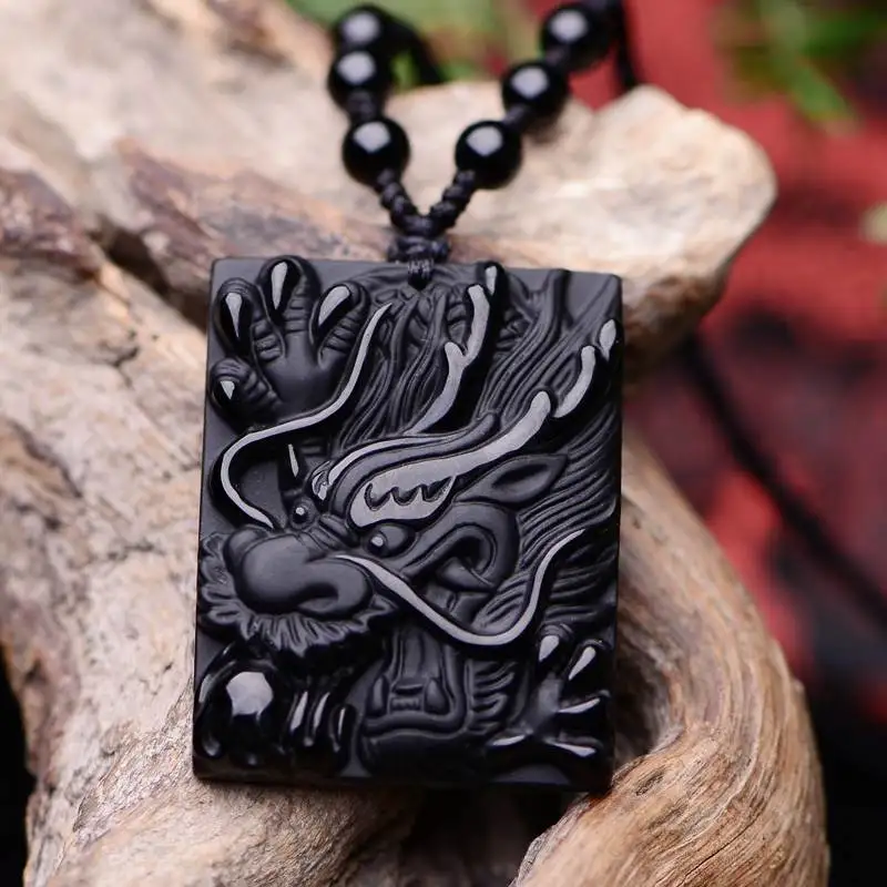 Natural Black Obsidian Stone Pendant Carved Dragon Pendant