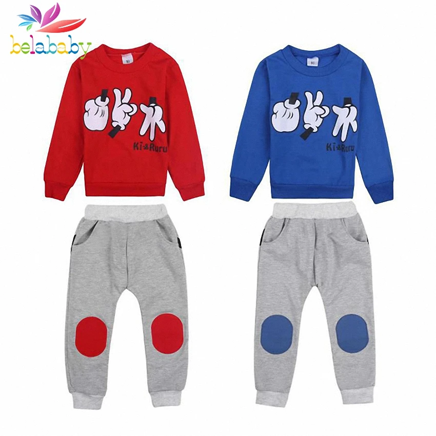 Belababy 2018 New Boys Girls Clothes Set Children Long Sleeve Cotton Kids Outfits Cartoon Print Sweatshirt+Pants 2PCS Sport Suit