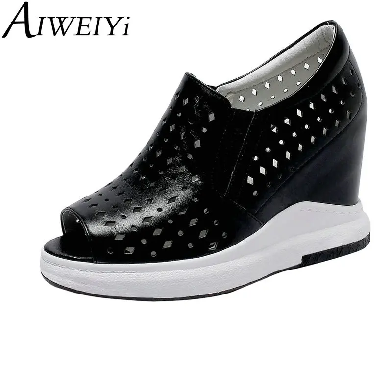 

AIWEIYi Summer Platform Wedge Heel Boots Genuine Leather Women Shoes With Increased Platform Sole Female Fashion Black Botas