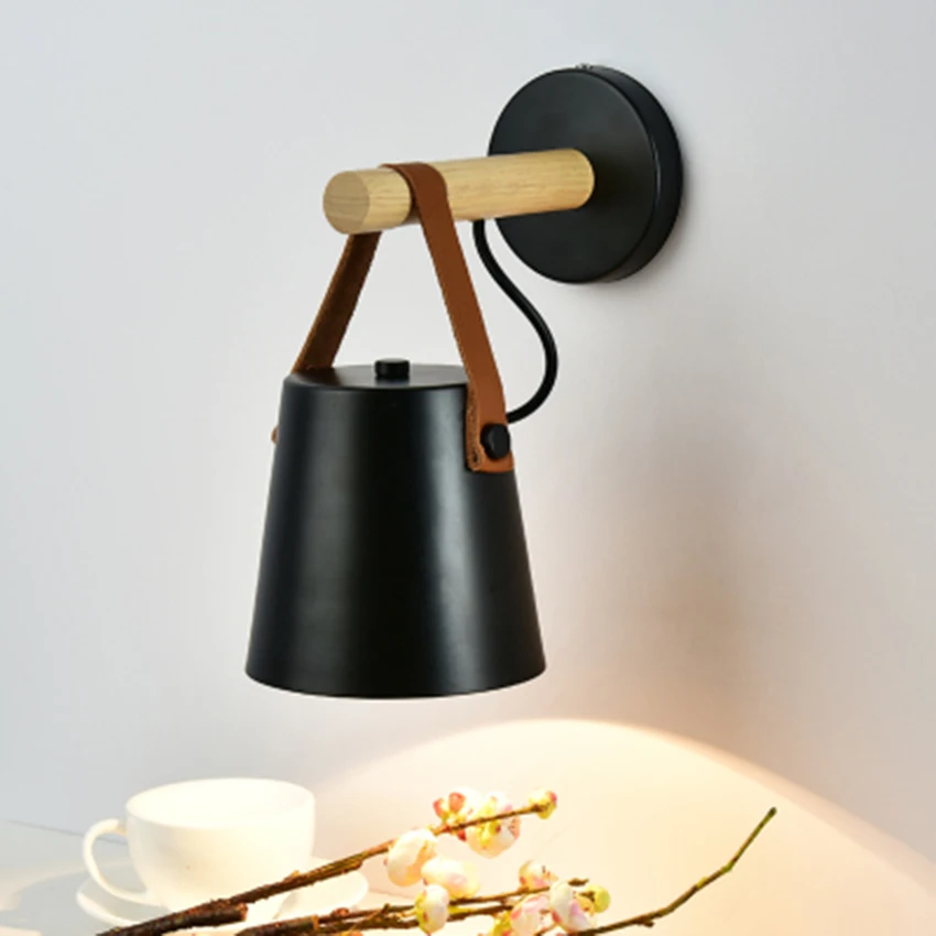 Скандинавский дизайнерский черный/белый Железный абажур настенные лампы светодиодный деревянный ремень Настенные светильники столовая прикроватная настенная лампа для спальни светильник