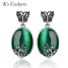 K s Gadgets Green Opal Earrings Silver Color Jewelry Natural Stone Stud Earrings Zircon Butterfly Big