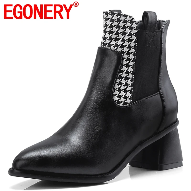 

EGONERY women shoes 2019 new fashion sexy pointed toe med square heel zipper winter plush warm large size office ankle boots