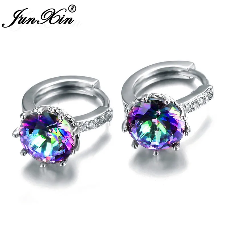 

JUNXIN Mystical Fire Zircon Round Hoop Earrings For Women 925 Sterling Silver Filled Rainbow Hook Earrings Female Wedding Studs
