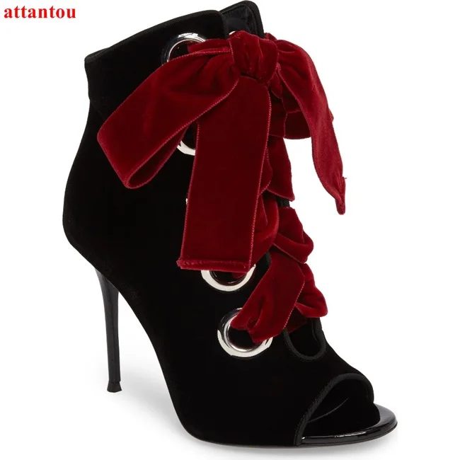 Lace up woman ankle boots black suede leather short boots red belt ankle strap elegant female dress shoes metal thin heel design black lace up pu obi belt