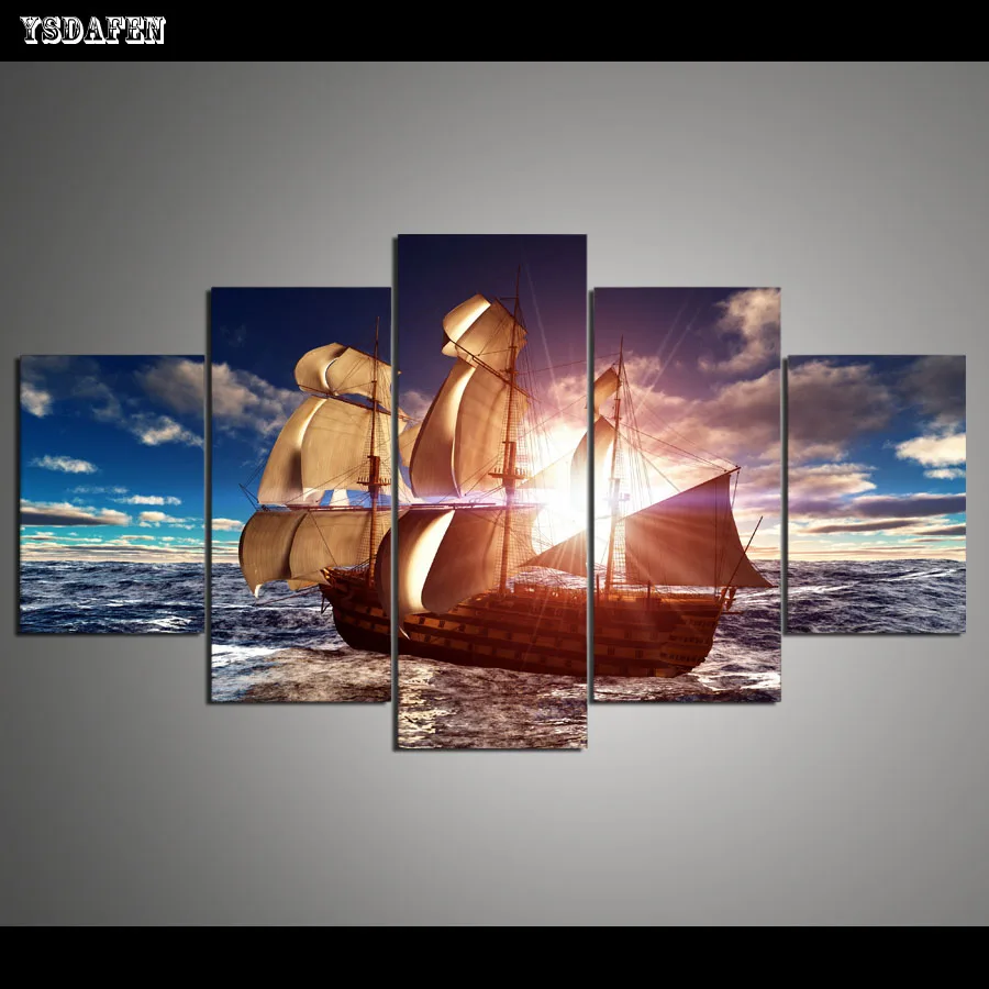 

5 Panel Living Room Modern Home Decoration Sailboat Painting On Canvas Oil Painting Wall Painting Framed Art F/1382