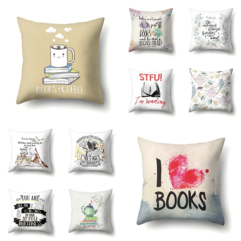

Hot Letters Printed Black and White Cushion Cover 45x45cm Polyester Reading Throw Pillow Covers Square Books Pillows Home Decor