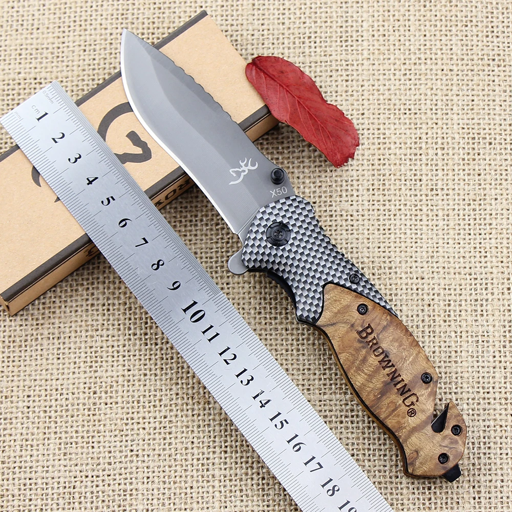 Browning X50 Outdoors Folding Knife Steel Blade Wood Handle Tactical Pocket Survival Knives Huntting Fishing EDC
