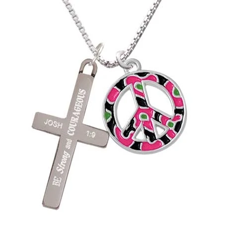 Large Hot Pink Cheetah Print Peace Sign - Strong and Courageous - Cross Necklace (1)