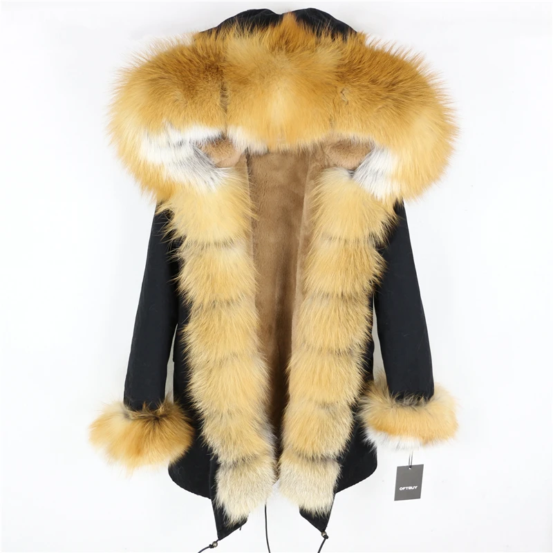 Brand Real Fur Coat Fashion Winter Jacket Women Natural Real Fox Fur Collar Loose Long Parkas Big Fur Outerwear Detachable - Цвет: black gold