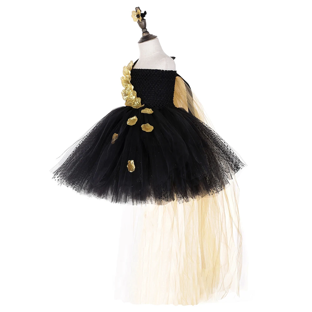 Girls Black Gold Tutu Dress Tulle Flower Petals Evening Pageant Wedding Gown Birthday Party Dress image 5