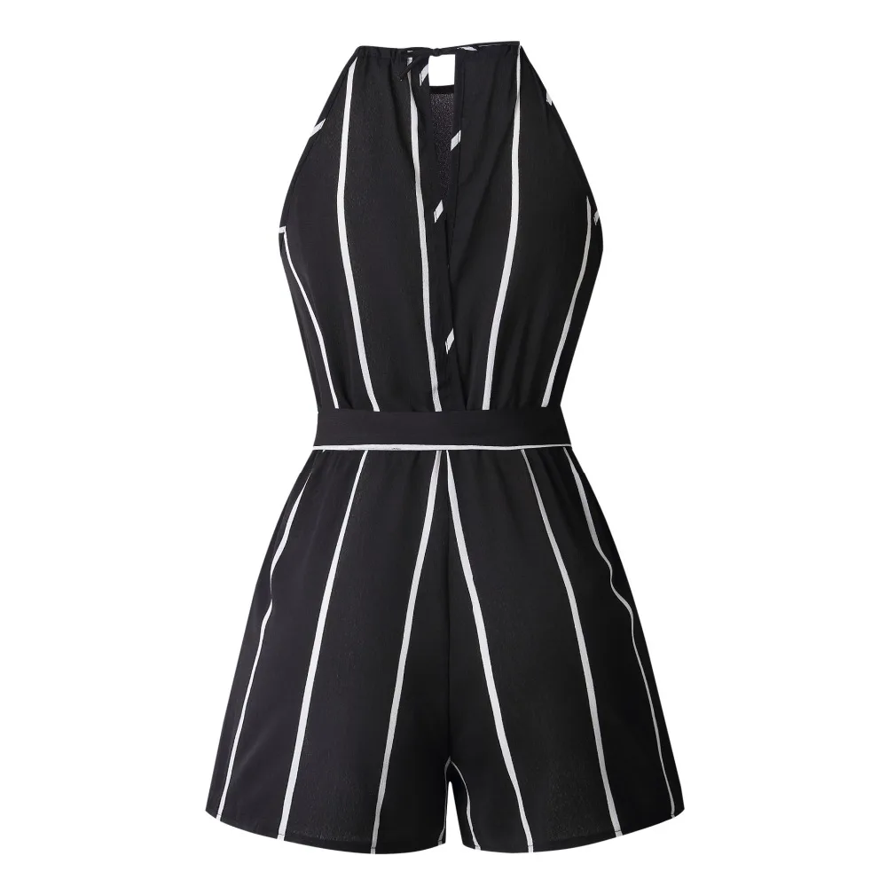 Fashion Women Mini Bodysuit Jumpsuit Summer Shorts Beach Playsuit Ladies Sexy Vertical Stripe Backless Cutaway Rompers CHYF-001 (5)
