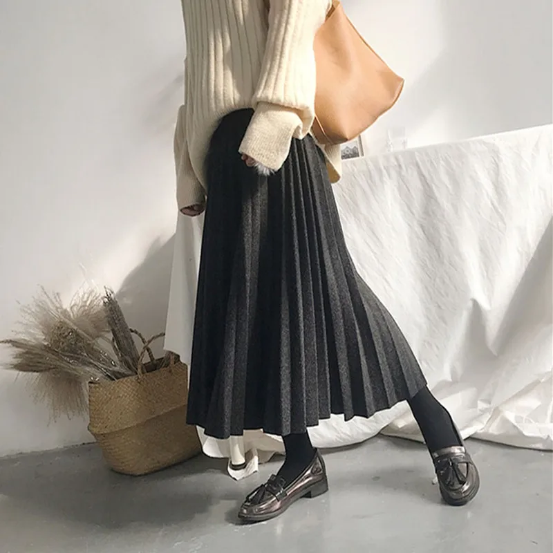 Зимние длинные плиссированные юбки трапециевидной формы с высокой талией в японском стиле; теплые длинные юбки до середины икры; Цвет хаки, серый