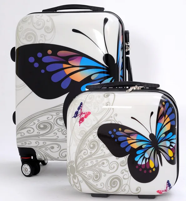 Wholesale pc fashion travel luggage set,high quality women butterfly trolley luggage,14 20
