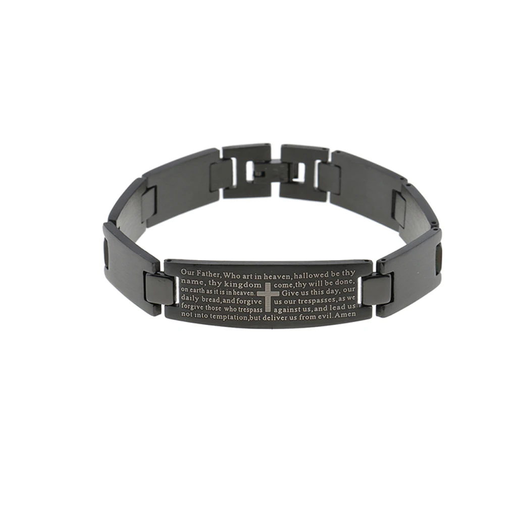 Men Women Charm Cuff Wristband Stainless Steel Bracelet with Engraved English Lord's Prayer Bible Cross Pattern 21x1.5cm