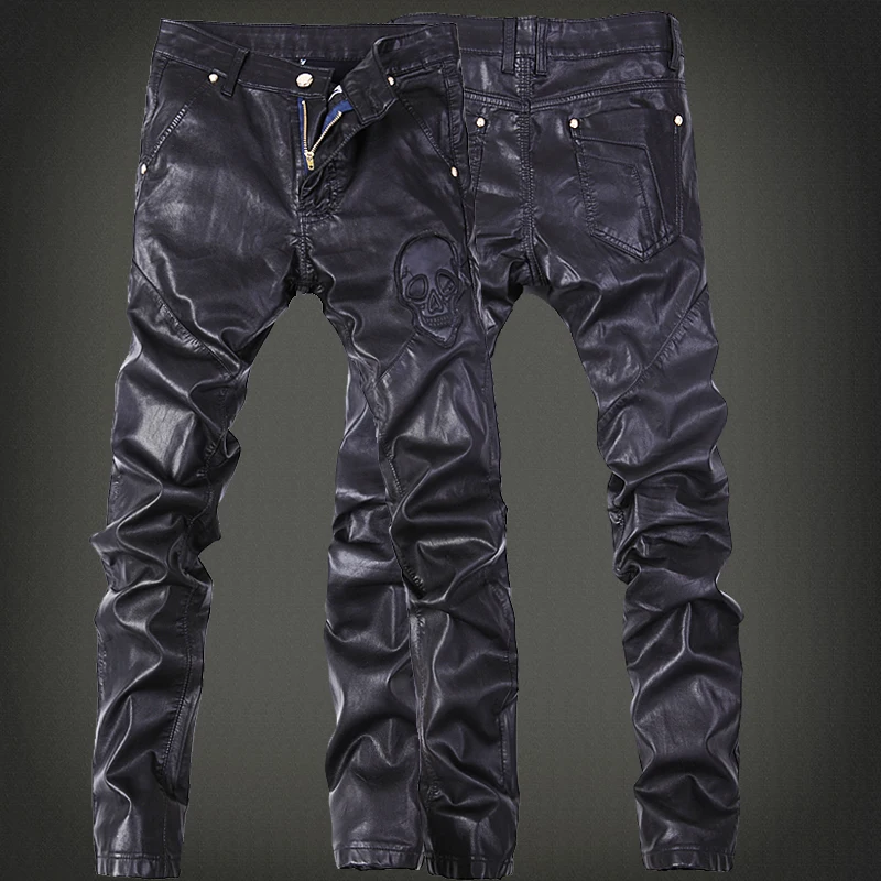 Корейский панк Рок брюки черные узкие искусственная кожа брюки для мужчин плюс размеры 32 33 34 36 череп обтягивающие брюки