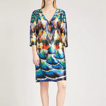 

Luxury Feather Print V-Neck Dress Elegant Short Sleeve Casual Dresses 4180