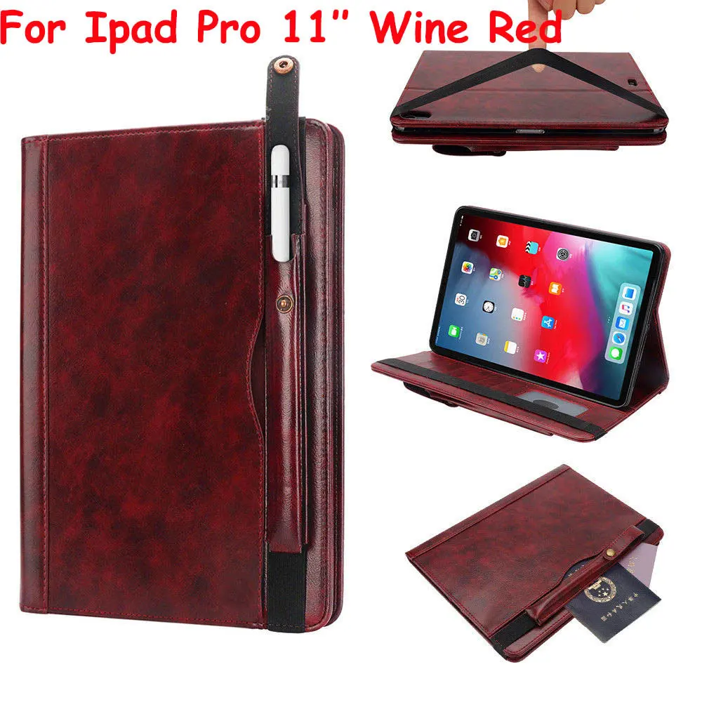 Untra-тонкий роскошный чехол из искусственной кожи для Apple iPad Pro 11 12,9 дюймов, деловой Чехол-книжка с подставкой для планшета, чехол с карандашом+ пленка - Цвет: Ipad Pro 11 Wine Red