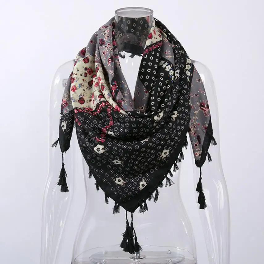Модные женские шарфы с кисточками и цветочным принтом, шаль с кисточками, шарфы для девочек, теплая хлопковая шаль - Цвет: Black
