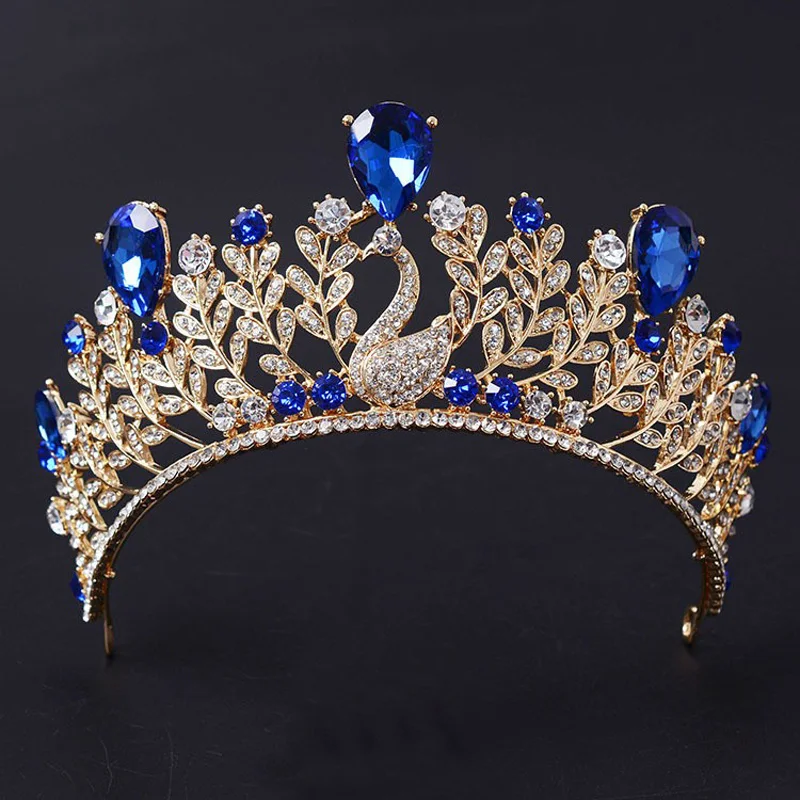 

New Trendy Gorgeous Blue red crystal peacock Princess crown Fashion green crystal gold Diadem for Bride Wedding Hair accessories