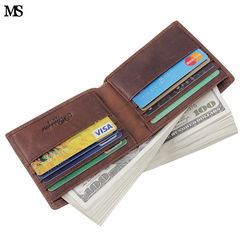 MS 100% Genuine Crazy Horse Leather Removable Document Card Holder Wallet Men Short Wallet Brand ...