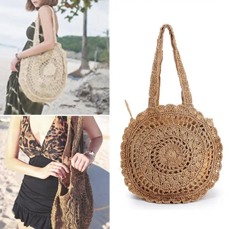 

Bohemian Style Straw Bag Handbags for Women Circular Vintage Crochet Rattan Shoulder Bag Hollow Out Beach Bag Elegant Design