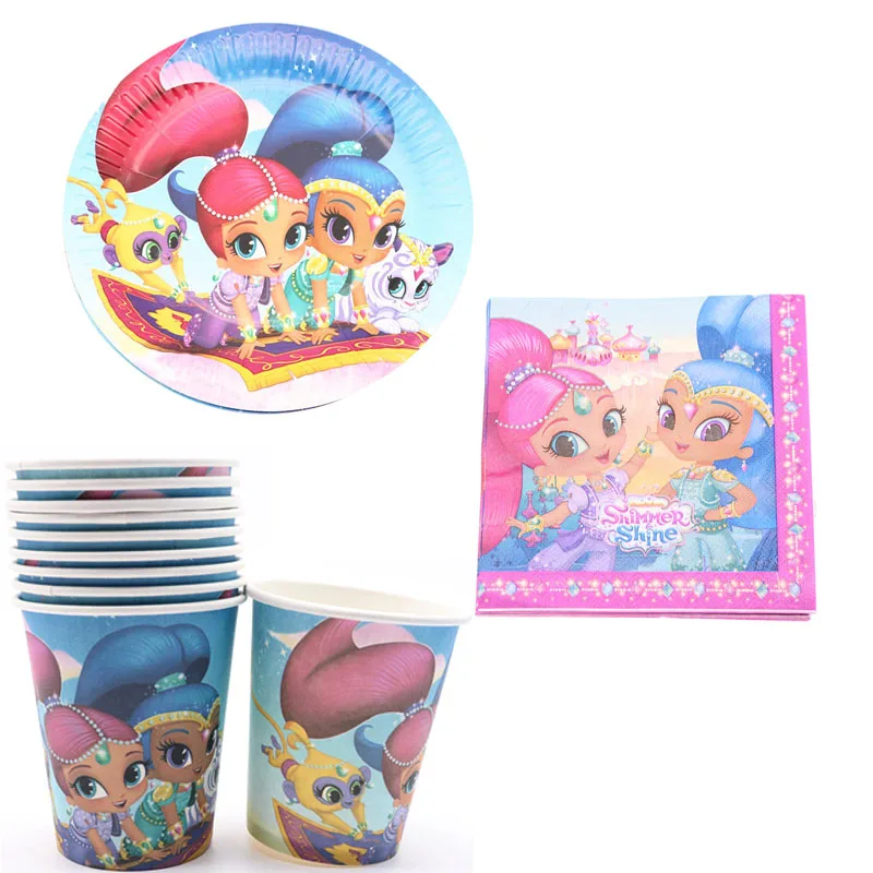 

40pcs/lot Disposable tableware Cup Plate Napkins Shimmer Shine happy birthday Christmas Wedding party supplies for baby shower