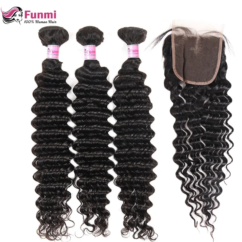 

Peruvian Virgin Hair Bundles with Closure 4PCS LOT Deep Wave Bundles with Closure Unprocessed Peruvian Deep Curly Funmi Hair