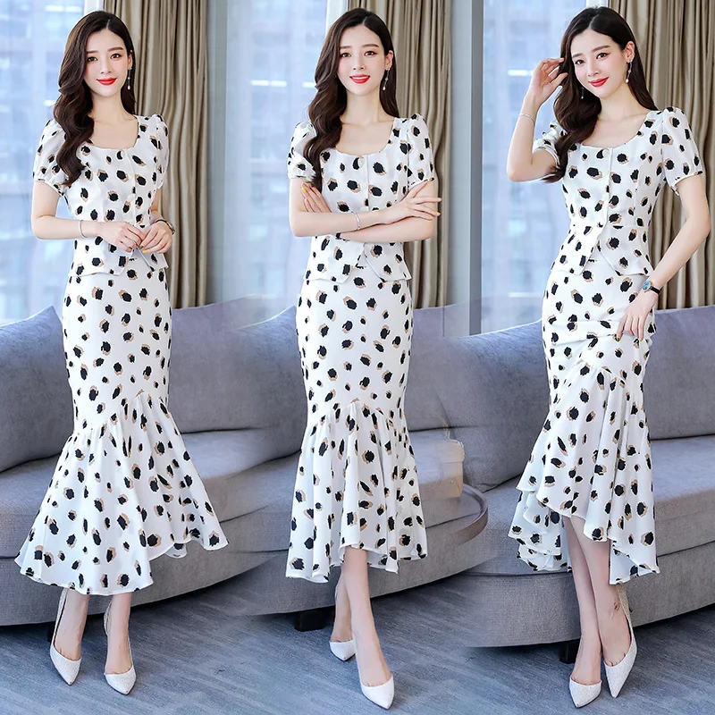 SUmmer Women Two Piece Sets top blouse Shirt and long mermaid Skirt Sets Fashion lady party dot Skirts suits