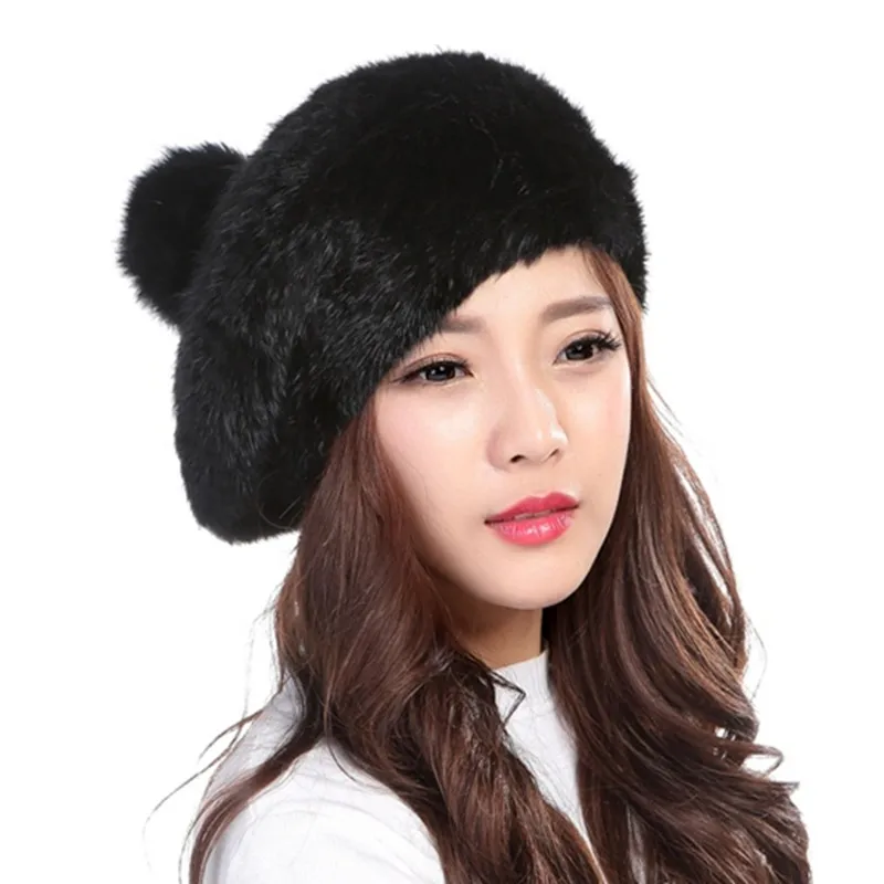 Wholesale French Beret Hat Female Real Knitted Mink Fur Hat with Pom