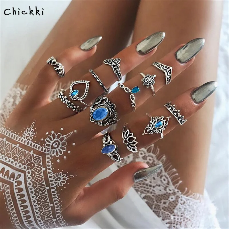 

13pcs Bohemia Antique Gold Silver Elephant Flower Rose Heart Crown Carved Rings Set Knuckle Finger Midi Ring for Women Jewelry