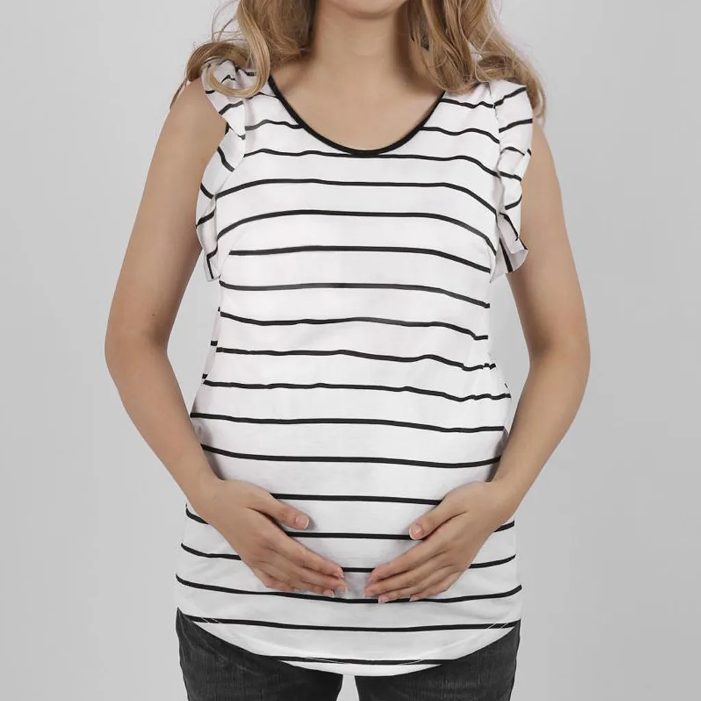 Сексуальная одежда для беременных полосатая печать гофрированная Повседневная Беременность Топы o-образным вырезом без рукавов жилет для беременных рубашки для женщин плюс размер#4
